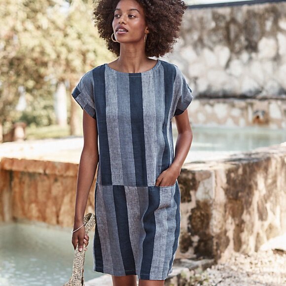 NWT Garnet Hill Meraki Linen Color Block Shift Dress Pocket White Grey - Picture 13 of 14